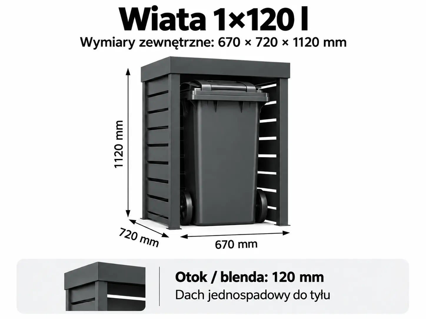 Wiata śmietnikowa BUDSTAL 1×120 l z wymiarami 670 × 720 × 1120 mm