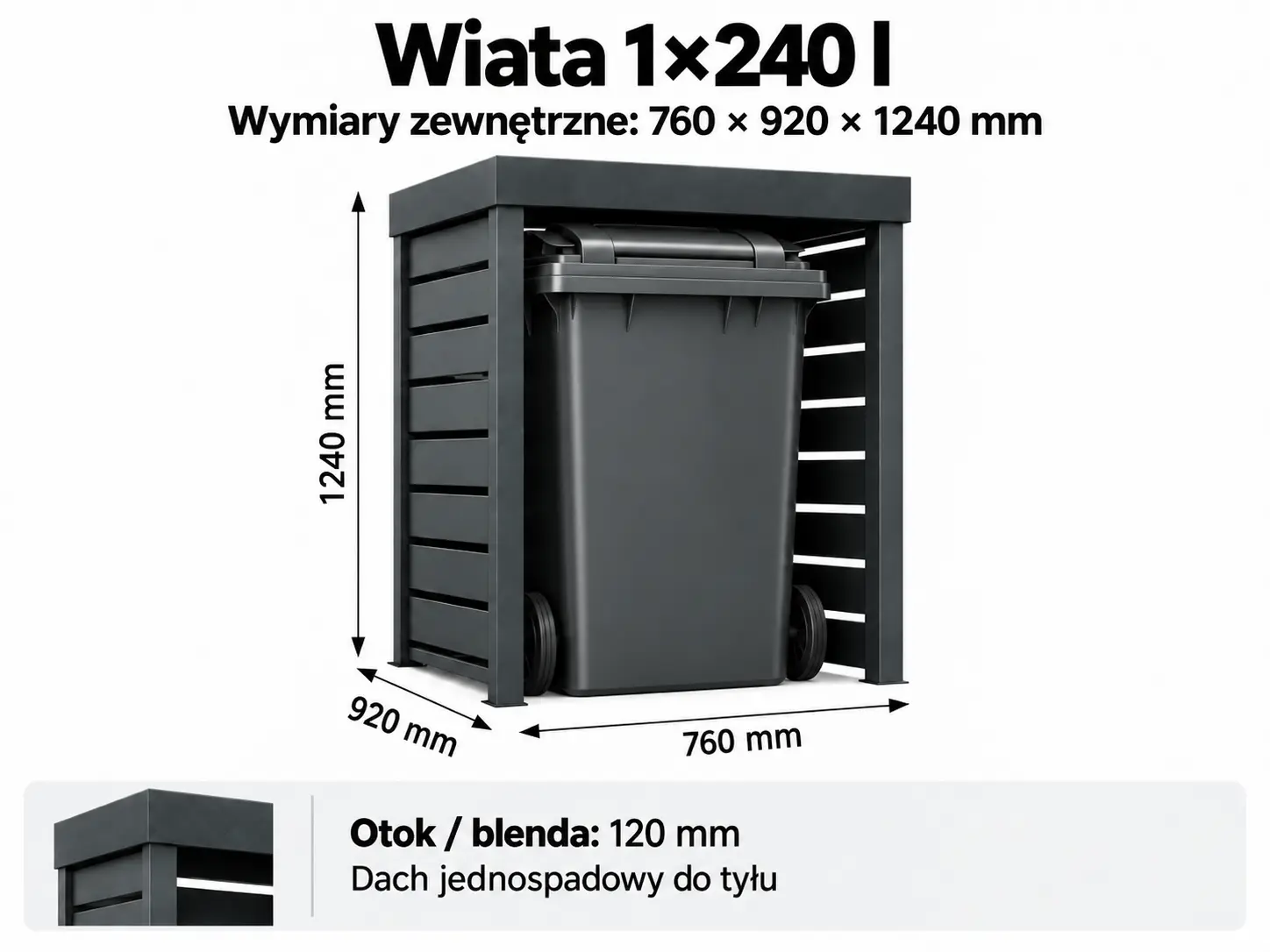 Wiata śmietnikowa BUDSTAL 1×240 l z wymiarami 760 × 920 × 1240 mm