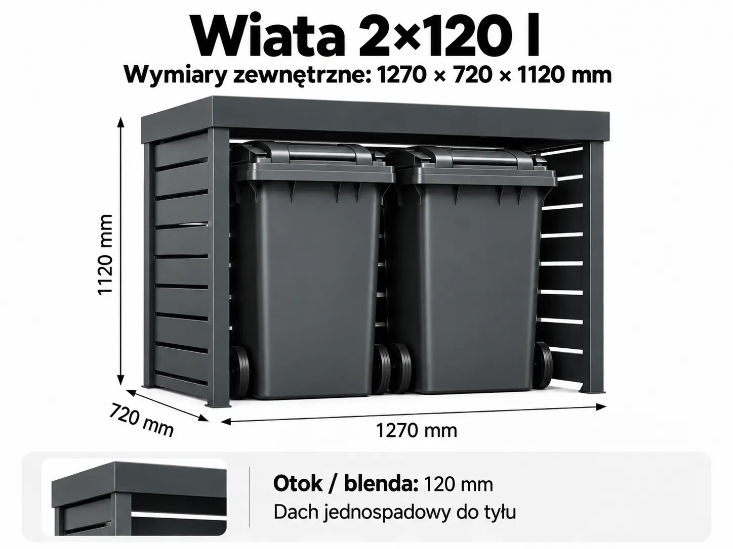 Wiata śmietnikowa BUDSTAL 2×120 l z wymiarami 1270 × 720 × 1120 mm