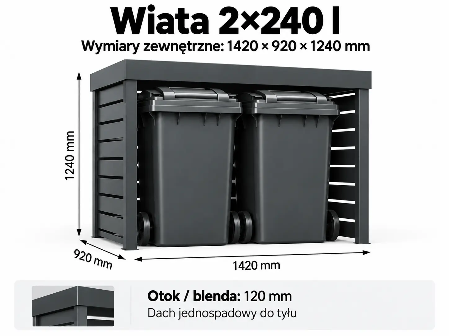 Wiata śmietnikowa BUDSTAL 2×240 l z wymiarami 1420 × 920 × 1240 mm